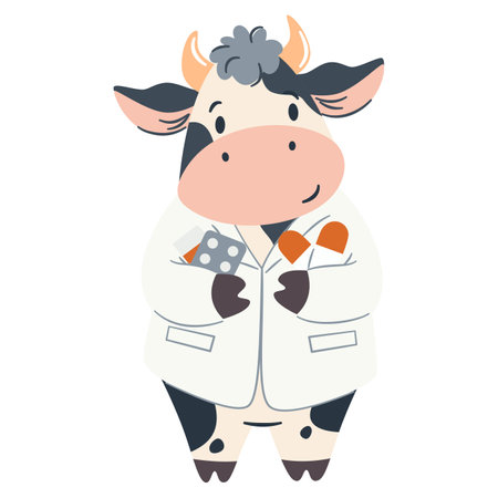 Cute cow doctor and nurse, holding medicine, wearing a white coat. Flat vector illustration in simple child style on white background. Vector illustrationのイラスト素材