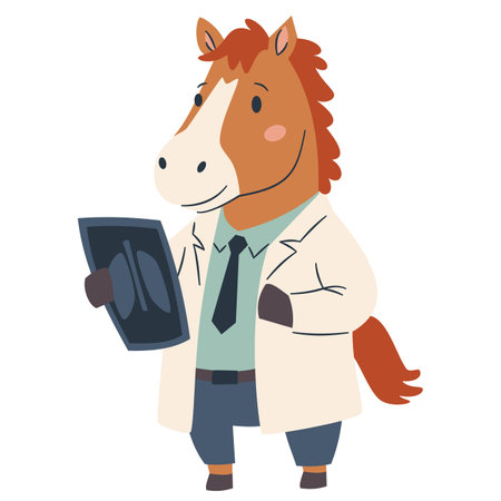 Cute horse in doctors suit holding x-ray on white background. Flat vector illustration in simple childrens style . Vector illustrationのイラスト素材