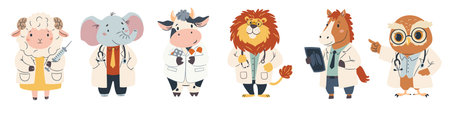 Set of flat vector illustrations. Cute animals in doctors costume. Lion elephant cow owl horse and sheep in white coats. . Vector illustrationのイラスト素材
