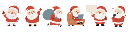 A set of flat vector Christmas illustrations. Cute Santa Clauses in different poses. Vector illustrationのイラスト素材