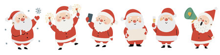 A set of flat vector Christmas illustrations. Cute Santa Clauses in different poses. Vector illustrationのイラスト素材