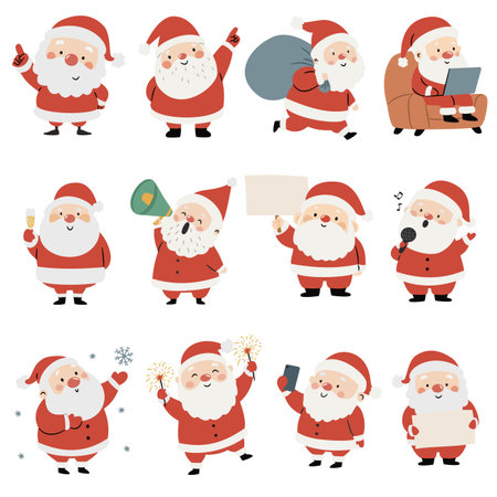 A set of flat vector Christmas illustrations. Cute Santa Clauses in different poses. Vector illustrationのイラスト素材