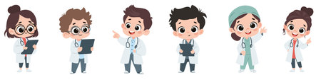 A set of flat vector illustrations in a simple childrens style. Cute children in doctors costume, boys and girls on white background. Vector illustrationのイラスト素材