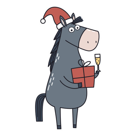 Cute horse in Santa Claus hat holding gift box and champagne glass. Vector Christmas card. Vector illustrationのイラスト素材