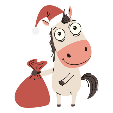 Flat vector illustration in simple vector style. Cute horse in santa claus hat holding a sack of presents. Symbol of 2026. Vector illustrationのイラスト素材