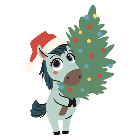 Flat vector illustration in simple vector style. Cute horse in santa claus hat holding a decorated Christmas tree. Symbol of 2026. Vector illustrationのイラスト素材