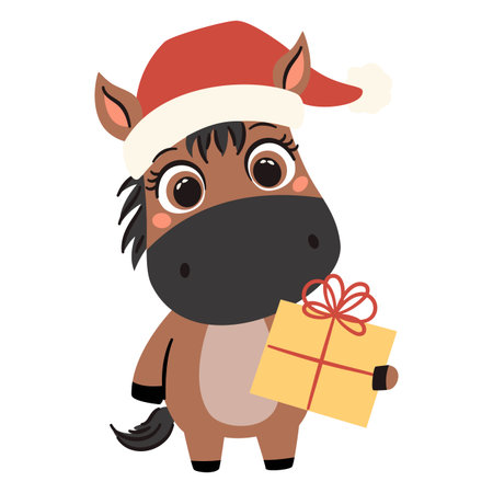 Flat vector illustration in simple vector style. Cute horse in santa claus hat holding a gift box. Symbol of the year 2026. Vector illustrationのイラスト素材