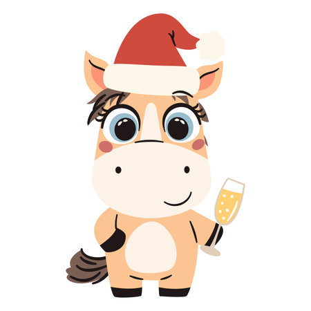 Flat vector Christmas vector illustration in simple childish style. Cute horse holding a champagne glass wearing a Santa Claus hat. Symbol of 2026. Vector illustrationのイラスト素材