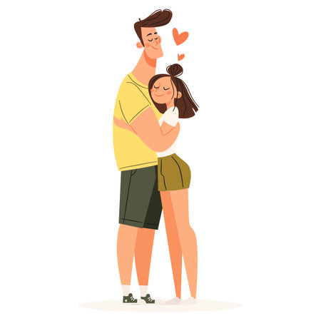 Flat vector illustration in a simple style. Cute girl and guy hugging. Vector illustrationのイラスト素材