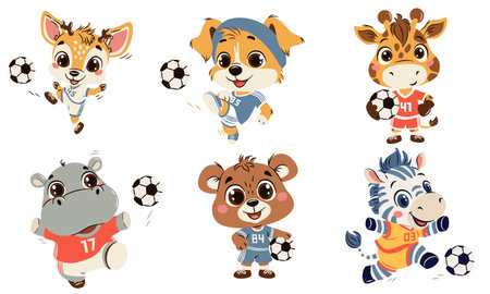 Set of vector illustrations in a simple childrens style on soccer theme. Animals in soccer uniforms kicking a ball. Giraffe, puppy deer hippo hippo bear cub and zebra on white background. Vector illustrationのイラスト素材