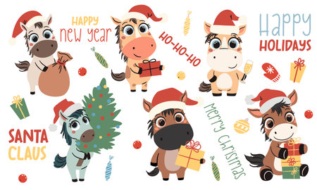 A set of flat vector Christmas illustrations in a simple childrens style. Cute horses symbol of the year 2026. Cute foals in Santa Claus hat with presents, Christmas tree and sacks, lettering. Vector illustrationのイラスト素材