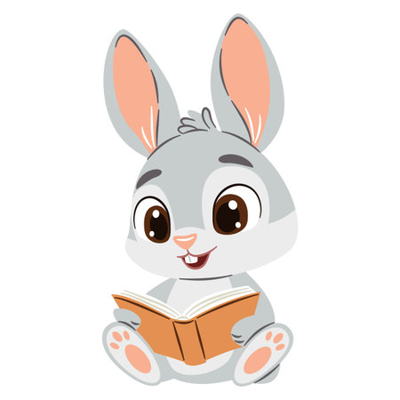 Vector illustration in a simple childrens style. Cute rabbit reading a book on white background. Vector illustrationのイラスト素材