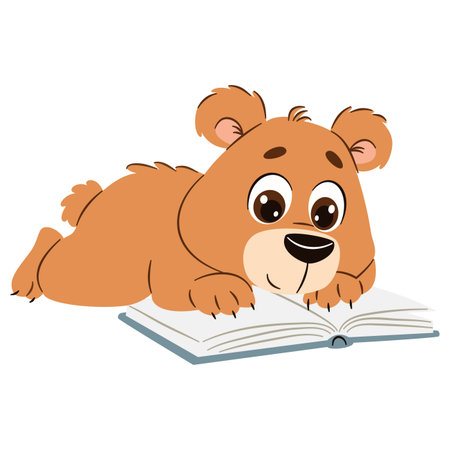 Vector illustration in a simple childrens style. Cute bear reading a book lying down on white background. Vector illustrationのイラスト素材