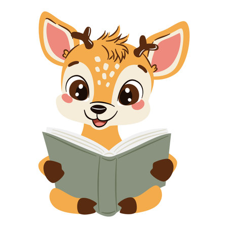 Vector illustration in a simple childrens style. Cute deer reading a book on white background. Vector illustrationのイラスト素材