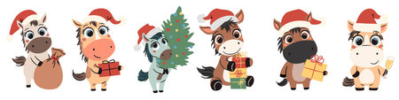 A set of flat vector Christmas illustrations in a simple childrens style. Cute horses symbol of the year 2026. Cute foals in Santa Claus hat with presents, Christmas tree and sacks. Vector illustrationのイラスト素材