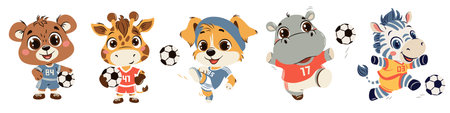 Set of vector illustrations in a simple childrens style on soccer theme. Animals in soccer uniforms kicking a ball. Giraffe, puppy hippo hippo bear cub and zebra on white background. Vector illustrationのイラスト素材