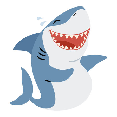 Cute shark laughing and holding his belly. Flat vector illustration in simple child style on white background. Vector illustrationのイラスト素材