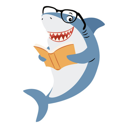 Cute shark with glasses reading a book. Flat vector illustration in simple childrens style on white background. Vector illustrationのイラスト素材