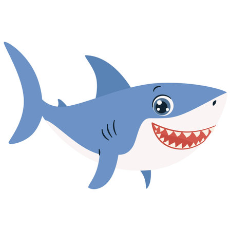 Flat vector illustration. Cute toothy shark smiling. Illustration in childrens style on white background . Vector illustrationのイラスト素材