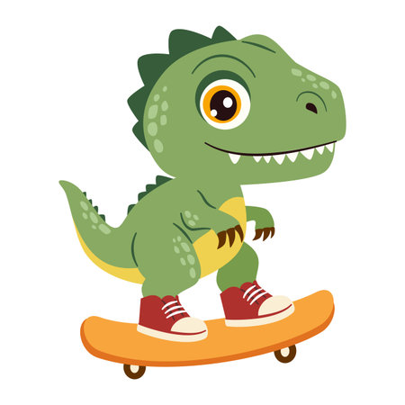 Cute dinosaur riding a snowboard, flat vector illustration in a simple style, white background. Vector illustrationのイラスト素材