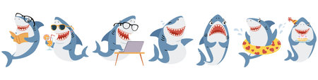 Set of flat vector illustrations in simple style. Cute sharks in different situations and poses. Vector illustrationのイラスト素材
