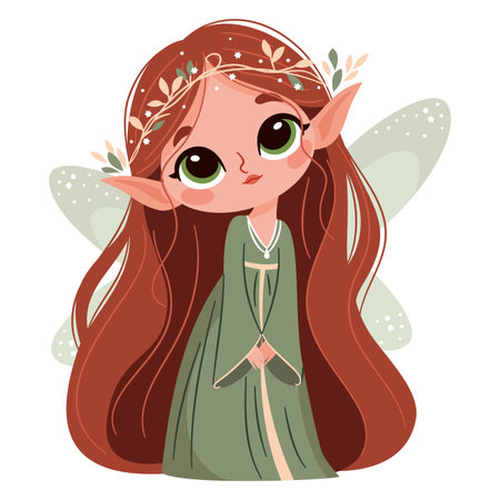 Vector illustration in cartoon style on a white background. A cute fairy with long hair in a green dress. Vector illustrationのイラスト素材