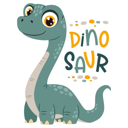 Flat vector illustration in a simple childrens style. Cute dinosaur brachiosaurus on white background, lettering. Vector illustrationのイラスト素材