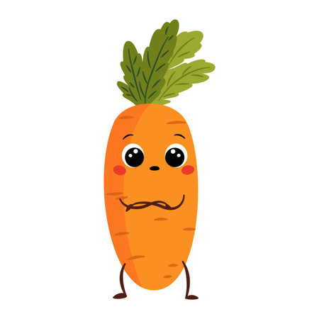Vector illustration in a simple childrens style. A cute carrot with a face and legs stands with its arms folded across its chest on a white background. Vector illustrationのイラスト素材