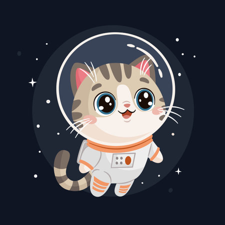 Vector illustration in a simple childrens style. A cute kitten flies through space in an astronaut suit, a cute cosmonaut. Vector illustrationのイラスト素材