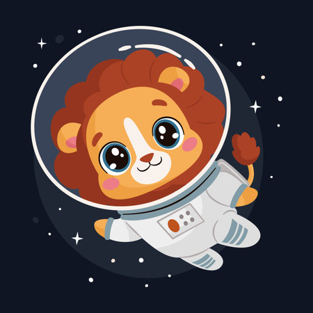 Vector illustration in a simple childrens style. A cute lion cub flies through space in an astronaut suit, a cute cosmonaut. Vector illustrationのイラスト素材