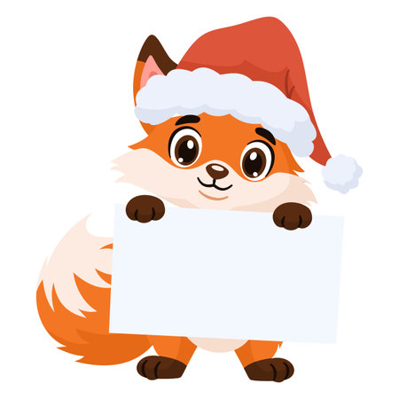 A cute fox wearing a Santa Claus hat is holding a sign with space for your text. Vector illustration in a childlike style. Vector illustrationのイラスト素材