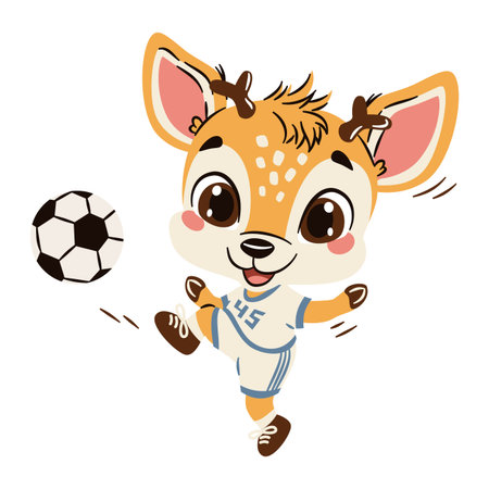 A cute deer playing soccer in a soccer uniform. Vector illustration in a simple childrens style, white background. Vector illustrationのイラスト素材