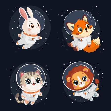 Cute animal astronauts flying in space, a fox, a rabbit, a kitten, and a lion in astronaut suits. A set of vector illustrations in a child-friendly style. Vector illustrationのイラスト素材