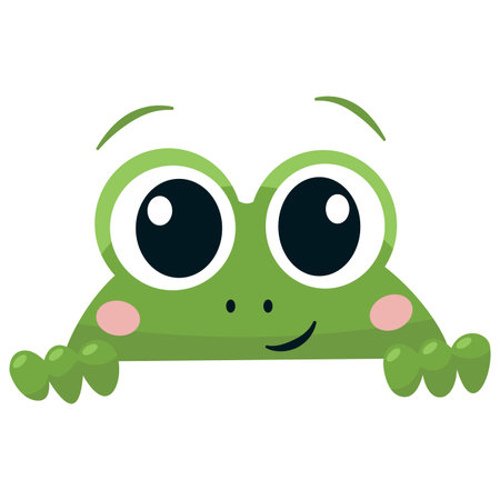 A cute frog peeks out from behind a wall. Vector illustration in a childlike style. Vector illustrationのイラスト素材