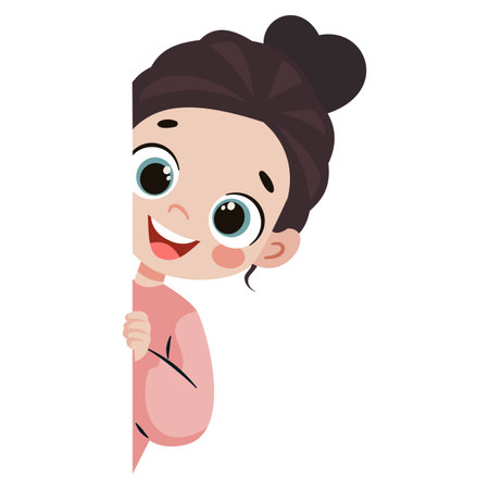 Flat vector illustration in a simple childrens style. A cute little girl laughs and peeks out from behind a wall on a white background. Vector illustrationのイラスト素材