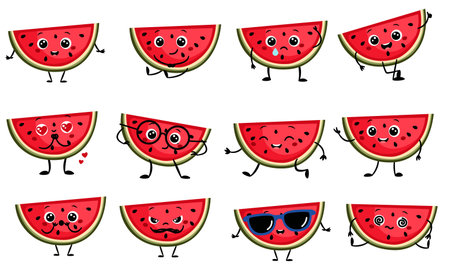 A cute slice of watermelon in different poses and with different emotions on a white background. A set of flat vector illustrations in a simple childrens style. Vector illustrationのイラスト素材