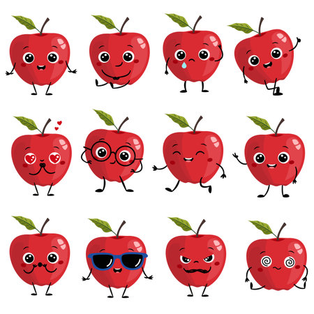 A cute apple in different poses and with different emotions on a white background. A set of flat vector illustrations in a simple childrens style. Vector illustrationのイラスト素材