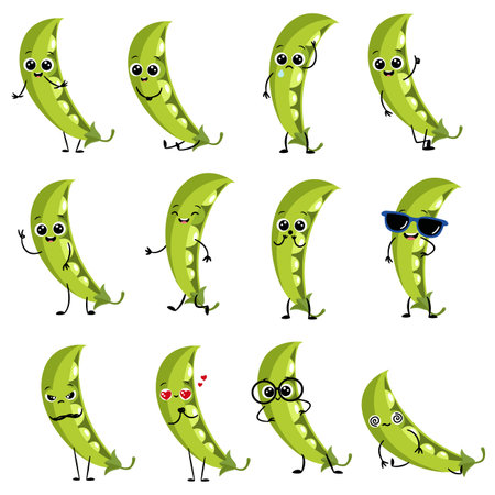 A set of flat vector illustrations in a simple, childlike style. A cute pea pod in different poses and with different emotions on a white background. Vector illustrationのイラスト素材
