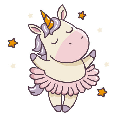 A cute unicorn with wings in a ballet tutu dancing ballet, surrounded by stars, flat vector illustration in a cute kawaii style on a white background. Vector illustrationのイラスト素材