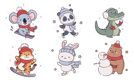 Cute animals enjoy winter activities: a koala, tiger cubs, a bunny, a bear, a crocodile, and a panda play snowballs, ski, snowboard, and skate. Vector illustrations in a childlike style on a white background. Vector illustrationのイラスト素材