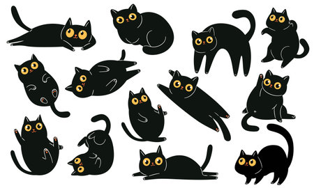 A set of flat vector illustrations in a simple childrens style. Cute black cats with big eyes in different poses. Vector illustrationのイラスト素材