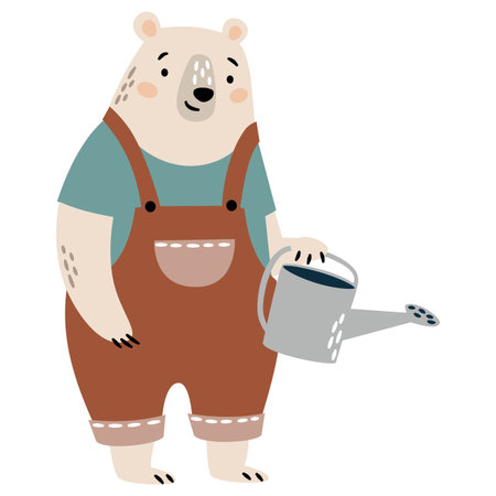 A cute gardener bear holding a watering can, flat vector illustration on a white background. Vector illustrationのイラスト素材