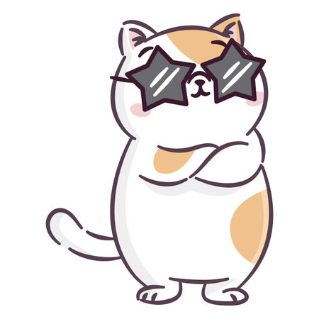 A cute cool cat stands with his arms crossed over his chest, wearing sunglasses. A cute vector illustration in a simple style. . Vector illustrationのイラスト素材