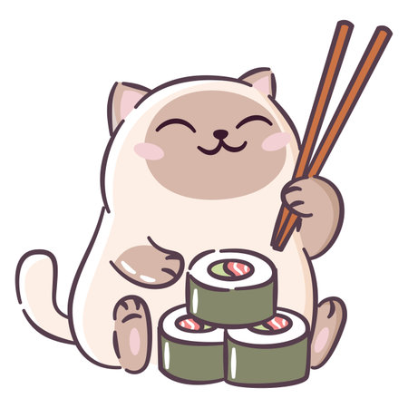 A cute cat sits and eats rolls and sushi with chopsticks. A cute flat vector illustration on a white background. Vector illustrationのイラスト素材
