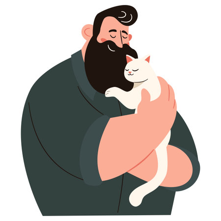 A rugged, bearded man hugs a small kitten, conveying the concept of love for animals. Flat vector illustration. . Vector illustrationのイラスト素材