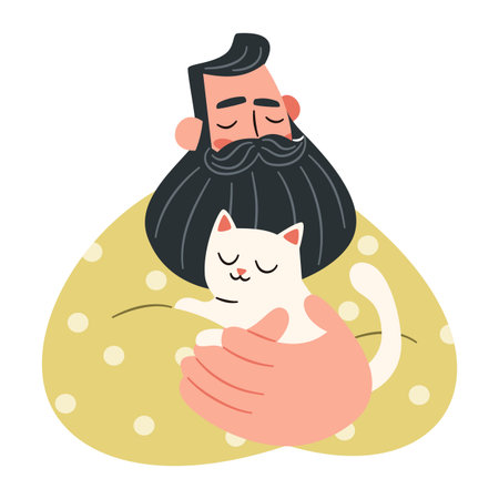 A rugged, bearded man hugs a small kitten, conveying the concept of love for animals. Flat vector illustration. . Vector illustrationのイラスト素材