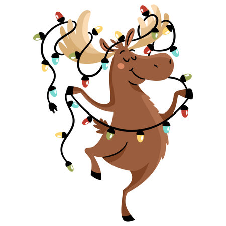 A cute moose dances and holds a New Years garland of lights that has wound itself around its antlers. Flat vector illustration. . Vector illustrationのイラスト素材