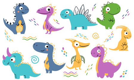 A set of flat vector illustrations with linear elements. Various dinosaurs on a white background, bright colors. Vector illustrationのイラスト素材