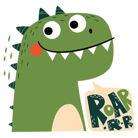 Cute dinosaur face, speech bubble, and roar inscription. Flat vector illustration for printing on childrens products. Vector illustrationのイラスト素材