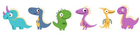 A set of flat vector illustrations with linear elements. Various dinosaurs on a white background, bright colors. Vector illustrationのイラスト素材